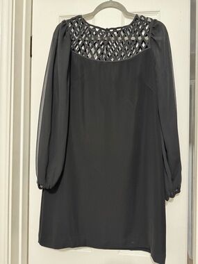 White House Black Market Black Long-Sleeve Dress with Lattice Yoke